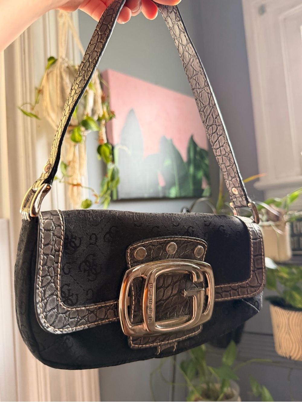 Guess Black Monogram Baguette Shoulder Bag — Faux Croc Trim & Large G Buckle